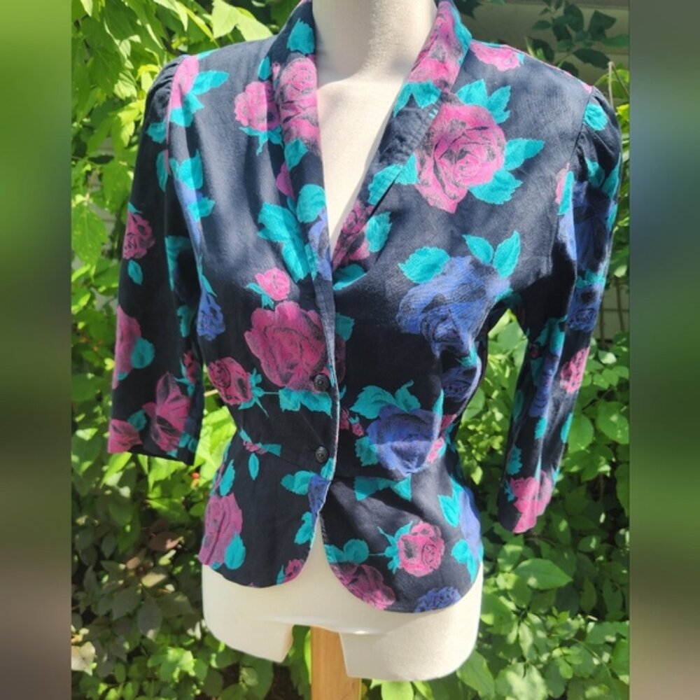 90's Vintage Floral Peplum Volup Women's Jacket - Black with Pink and Blue Roses